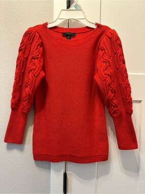 Ann Taylor Bright Red / Coral Cable Puff-Sleeve Crewneck Sweater XXSP